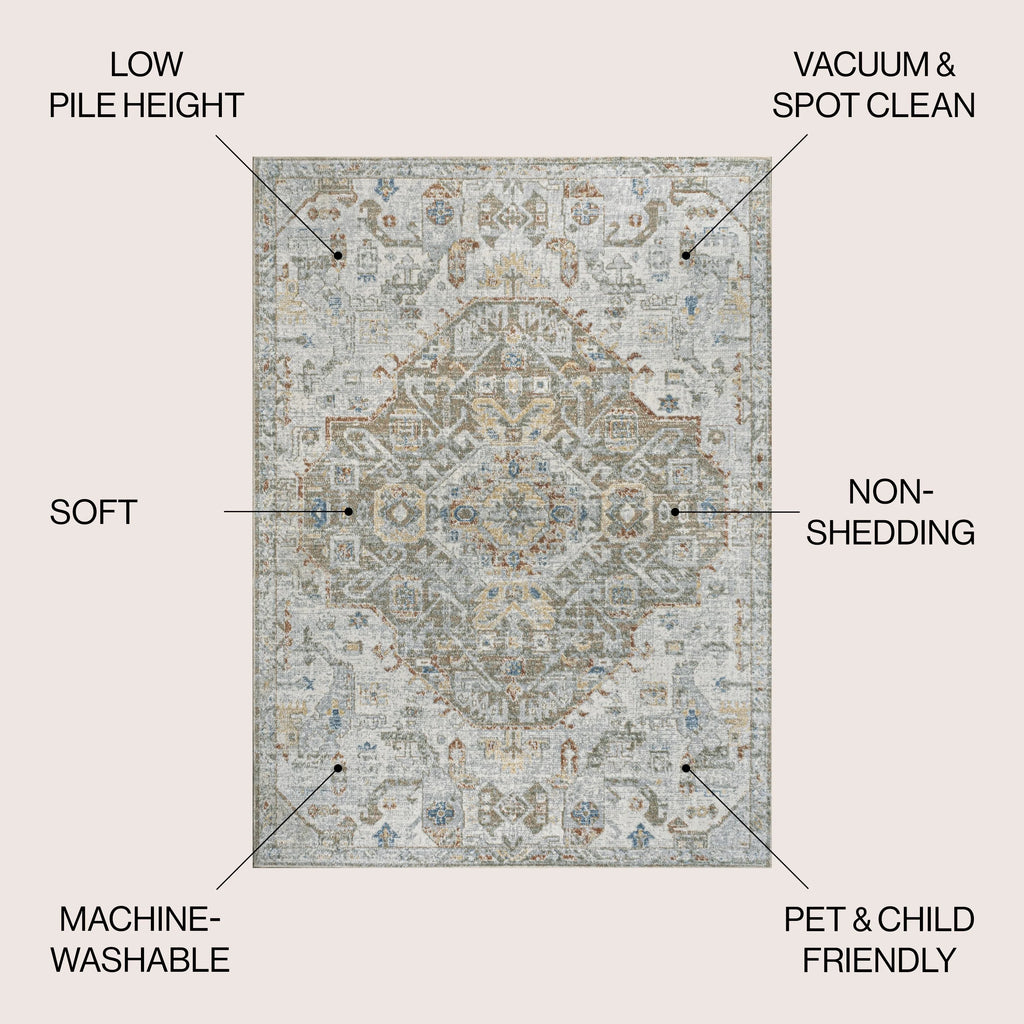 Bohemian Medallion Low-Pile Machine-Washable Area Rug, Cream and Terra