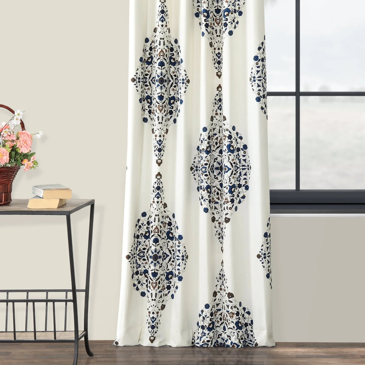 Medallion Damask Printed Cotton Room Darkening Curtain Panel, 1 Piece