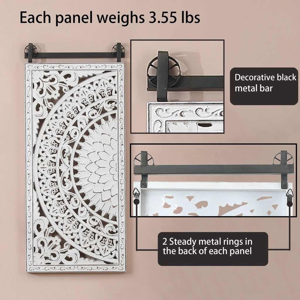Set of 2 Distressed Ivory White Wood Flower Wall Art with Black Accents