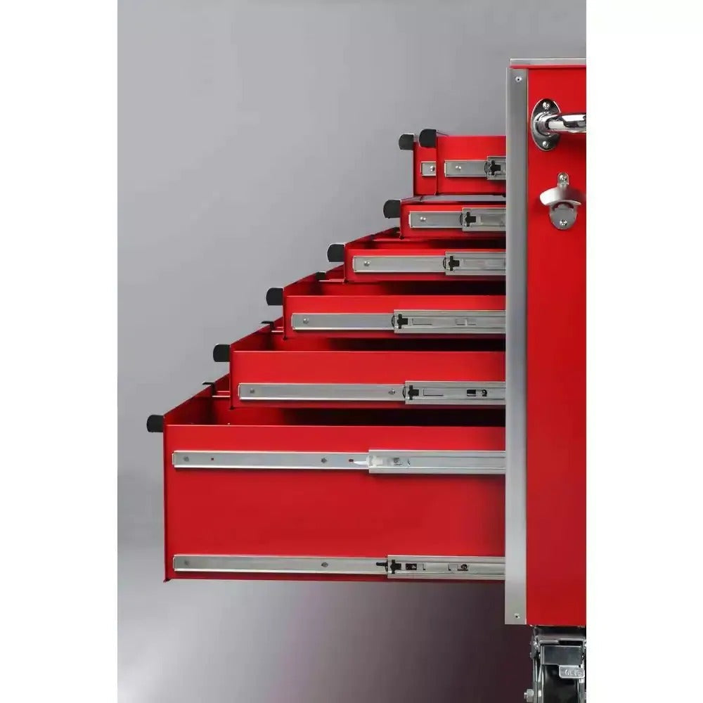 72-Inch W x 24-Inch D 15-Drawer Heavy-Duty Tool Chest Mobile Workbench, Stainless Steel Top, Dual Locks, Red