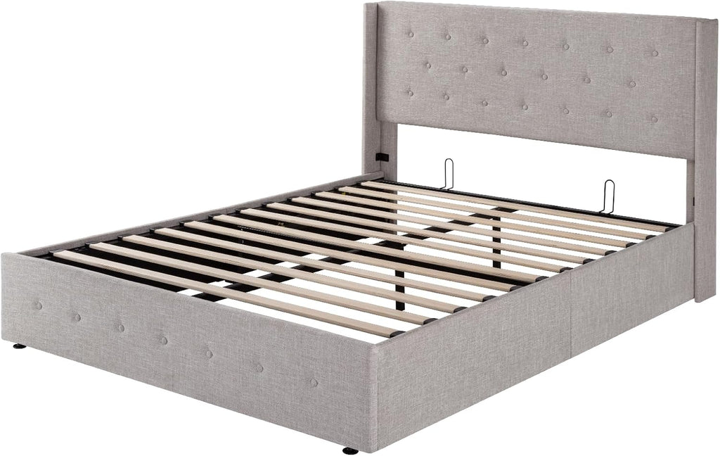 Queen Size Lift Up Storage Bed with Wingback Headboard, Upholstered Platform Bed Frame with Hidden Storage