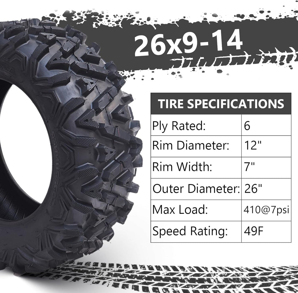 Set of 2 26x12-12 6PR All-Terrain ATV/UTV Off-Road Tires, Black