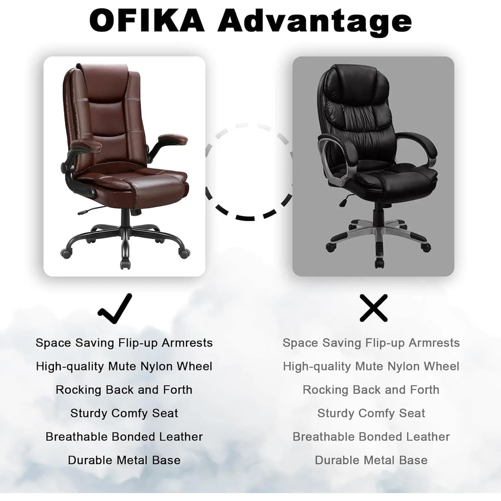 Big and Tall Ergonomic Office Chair, High Back Leather Executive Computer Chair with Padded Flip-Up Arms