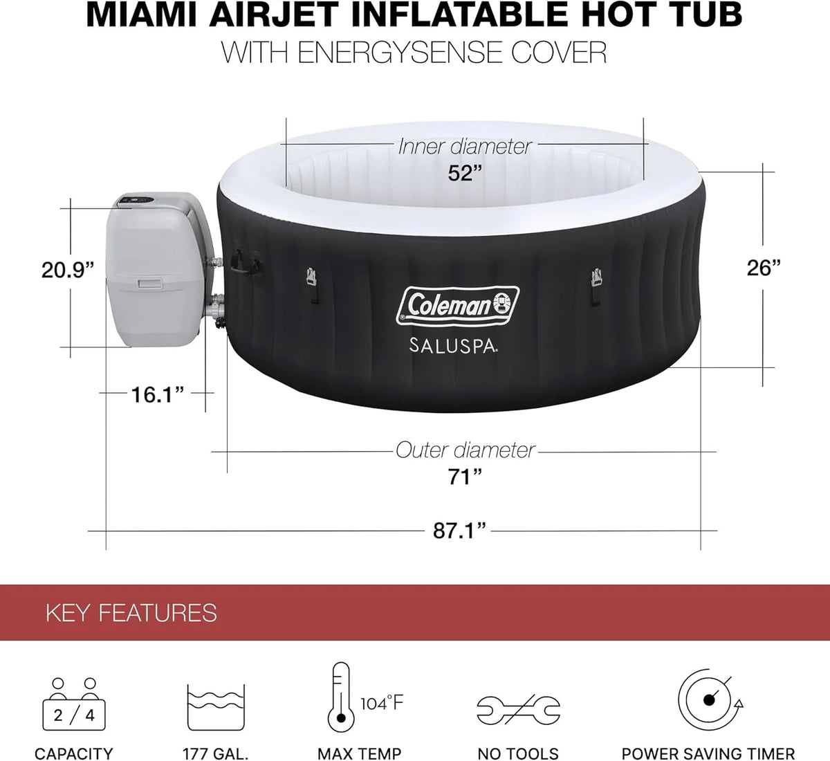 2-4 Person Inflatable Hot Tub, Portable Round Outdoor Spa with 120 Soothing Air Jets and Insulated Cover, Black