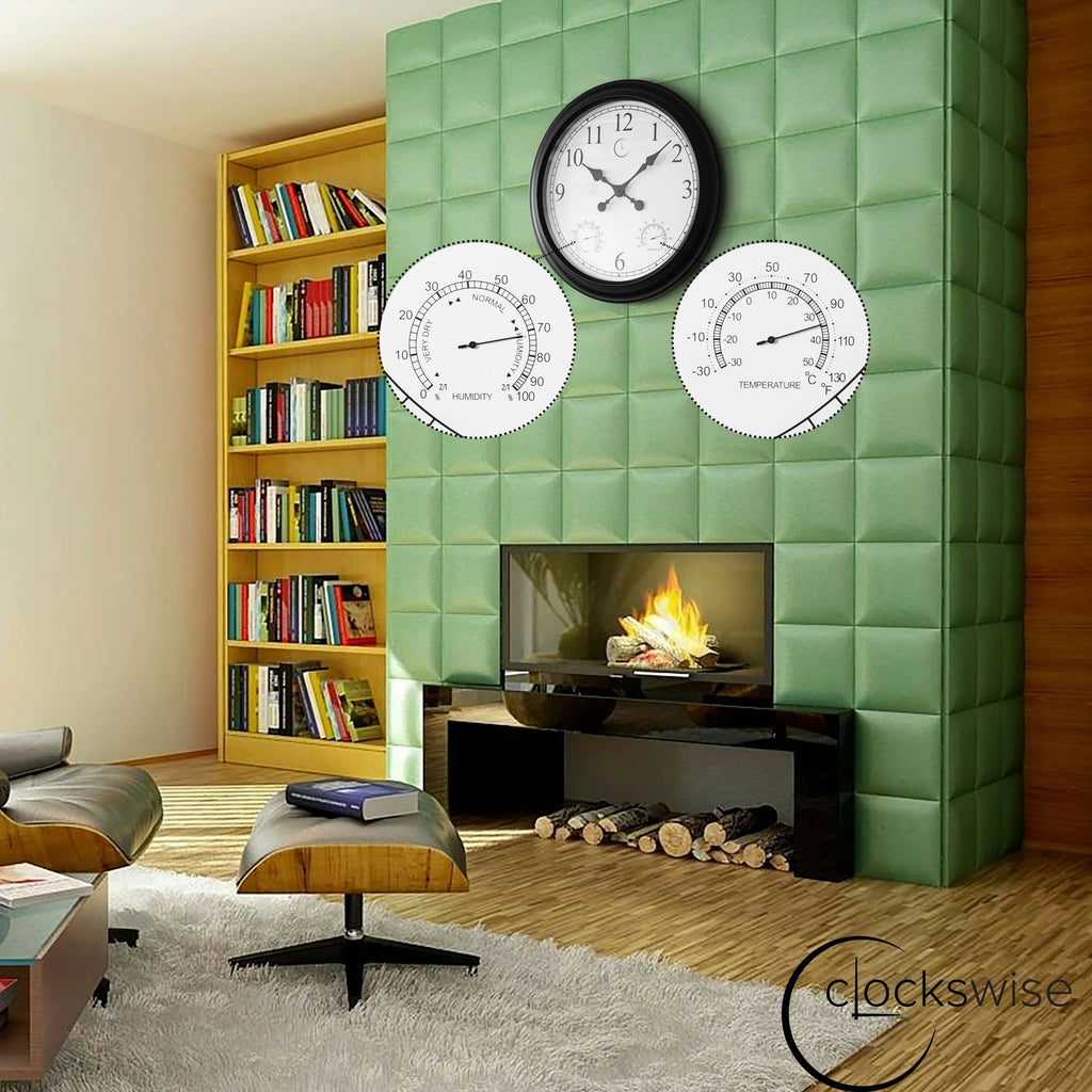 Large Outdoor Wall Clock with Thermometer, Waterproof Silent Garden Weather Station, Black