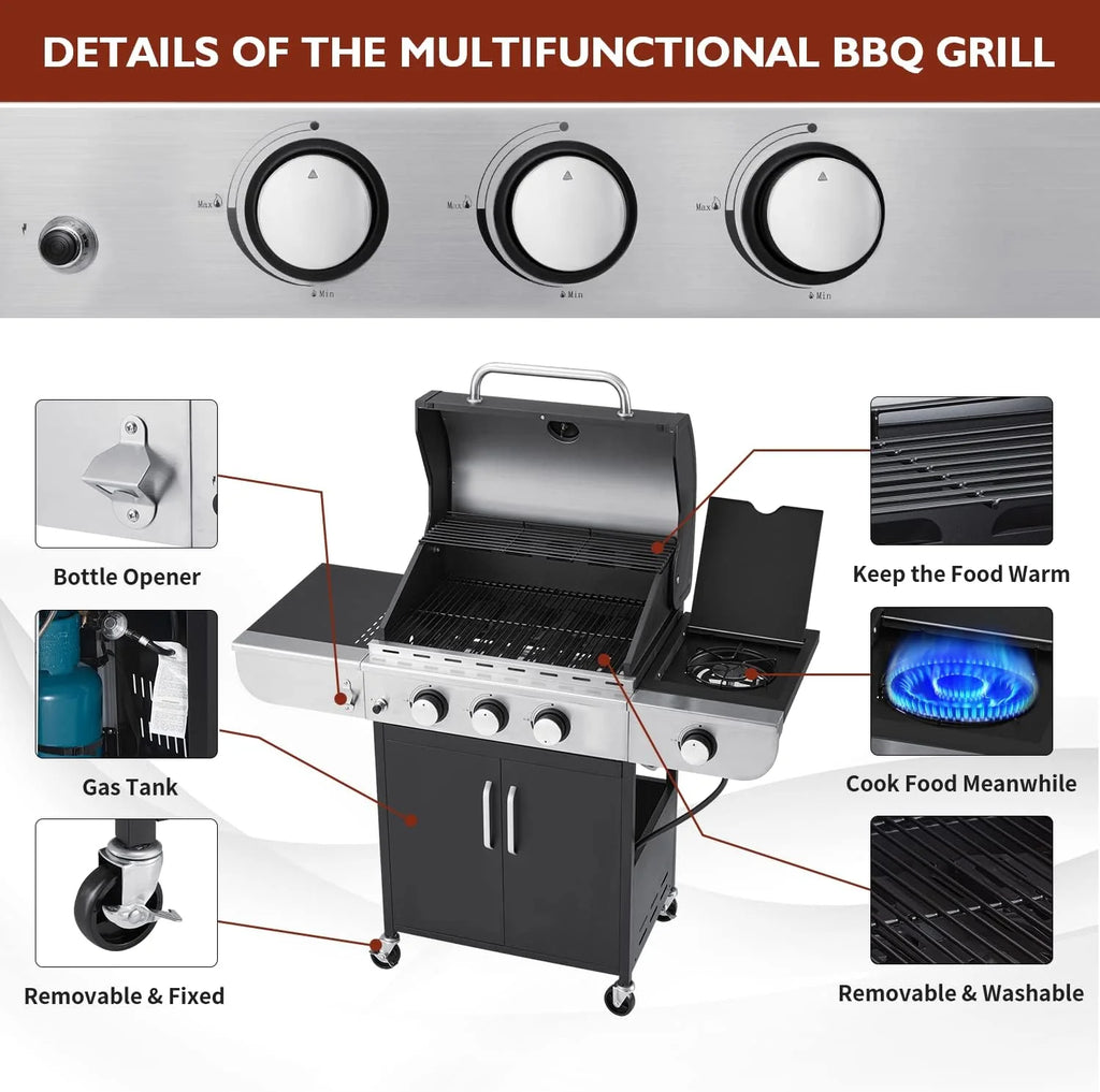 4-Burner Propane Gas Grill with Cast Iron Grates, Side Stove and 44,000 BTU Stainless Steel Burners