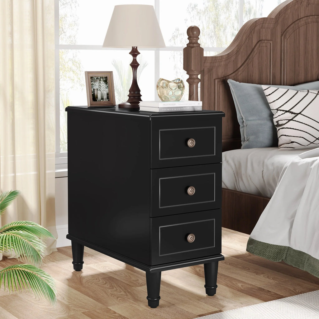 Fully Assembled Narrow End Table, Solid Wood Side Table with 3 Drawers, Vintage Nightstand for Small Spaces