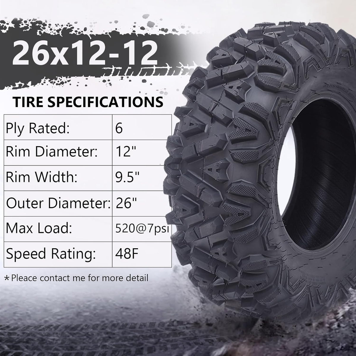 Set of 2 26x12-12 6PR All-Terrain ATV/UTV Off-Road Tires, Black