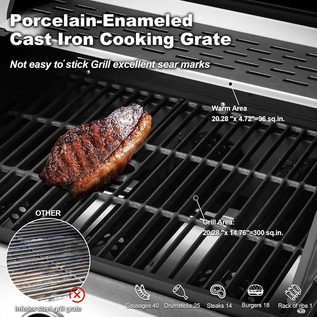4-Burner Propane Gas Grill with Cast Iron Grates, Side Stove and 44,000 BTU Stainless Steel Burners