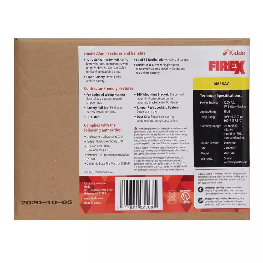 Hardwired Smoke Alarm with Ionization Sensor, 120V AC, 9V Battery Backup