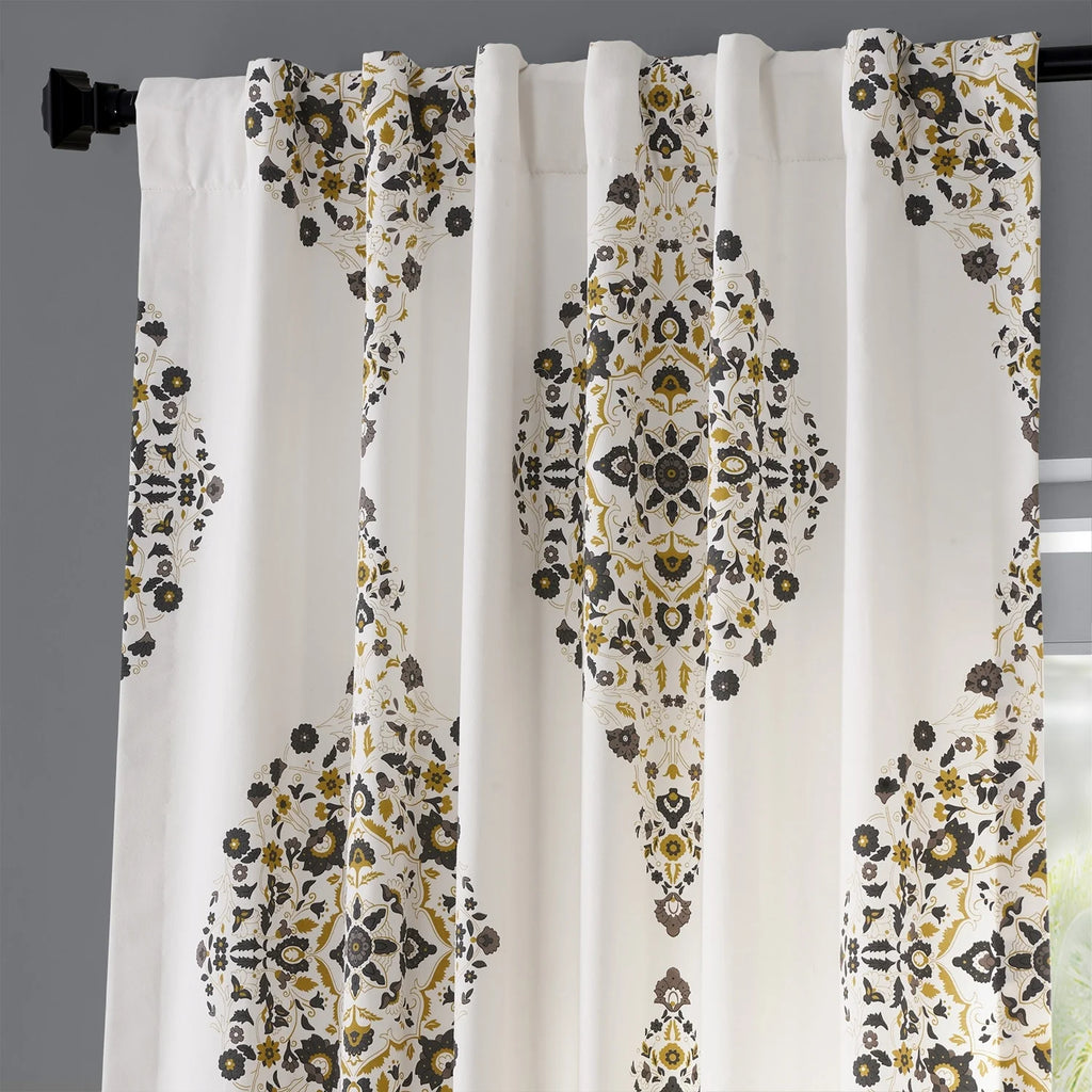 Medallion Damask Printed Cotton Room Darkening Curtain Panel, 1 Piece
