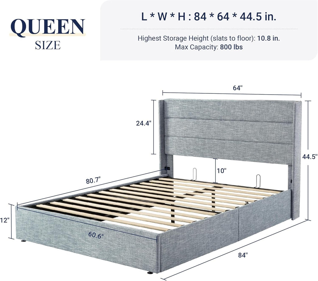 Queen Size Lift Up Storage Bed with Wingback Headboard, Upholstered Platform Bed Frame with Hidden Storage