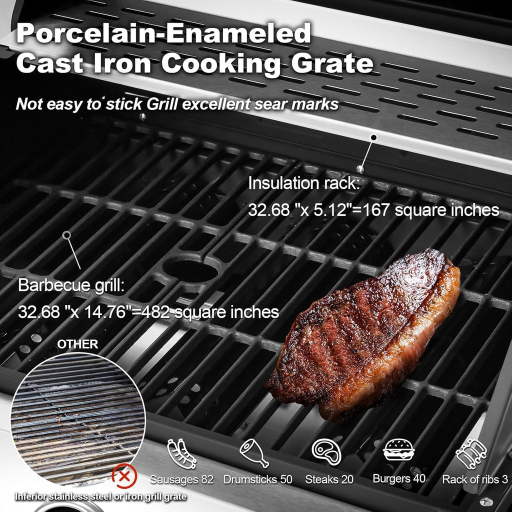 4-Burner Propane Gas Grill with Cast Iron Grates, Side Stove and 44,000 BTU Stainless Steel Burners