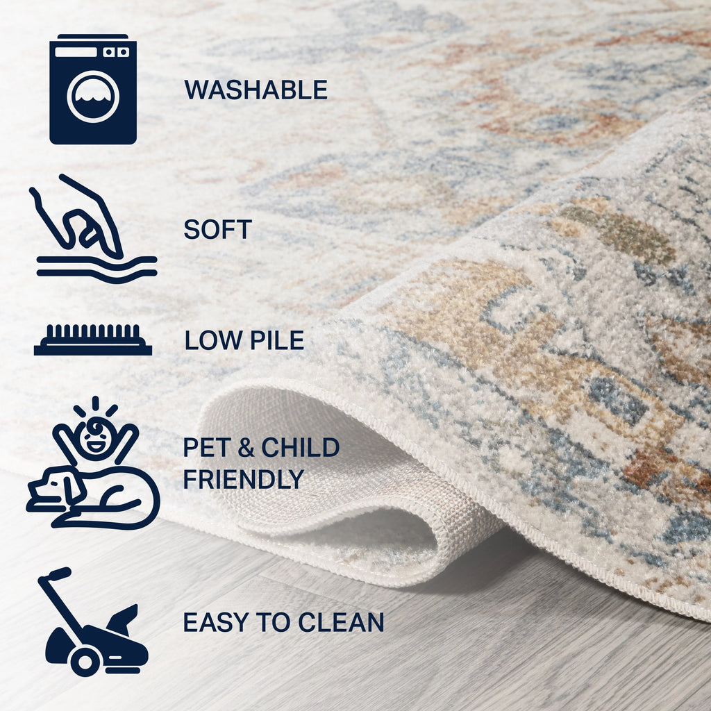 Bohemian Medallion Low-Pile Machine-Washable Area Rug, Cream and Terra