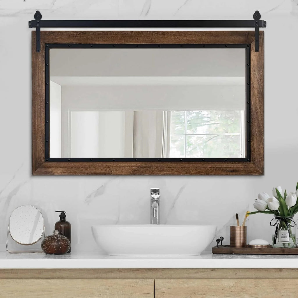 Farmhouse Barn Door Style Bathroom Vanity Mirror, Natural Wood Wall Mirror for Bathroom, Bedroom and Entryway