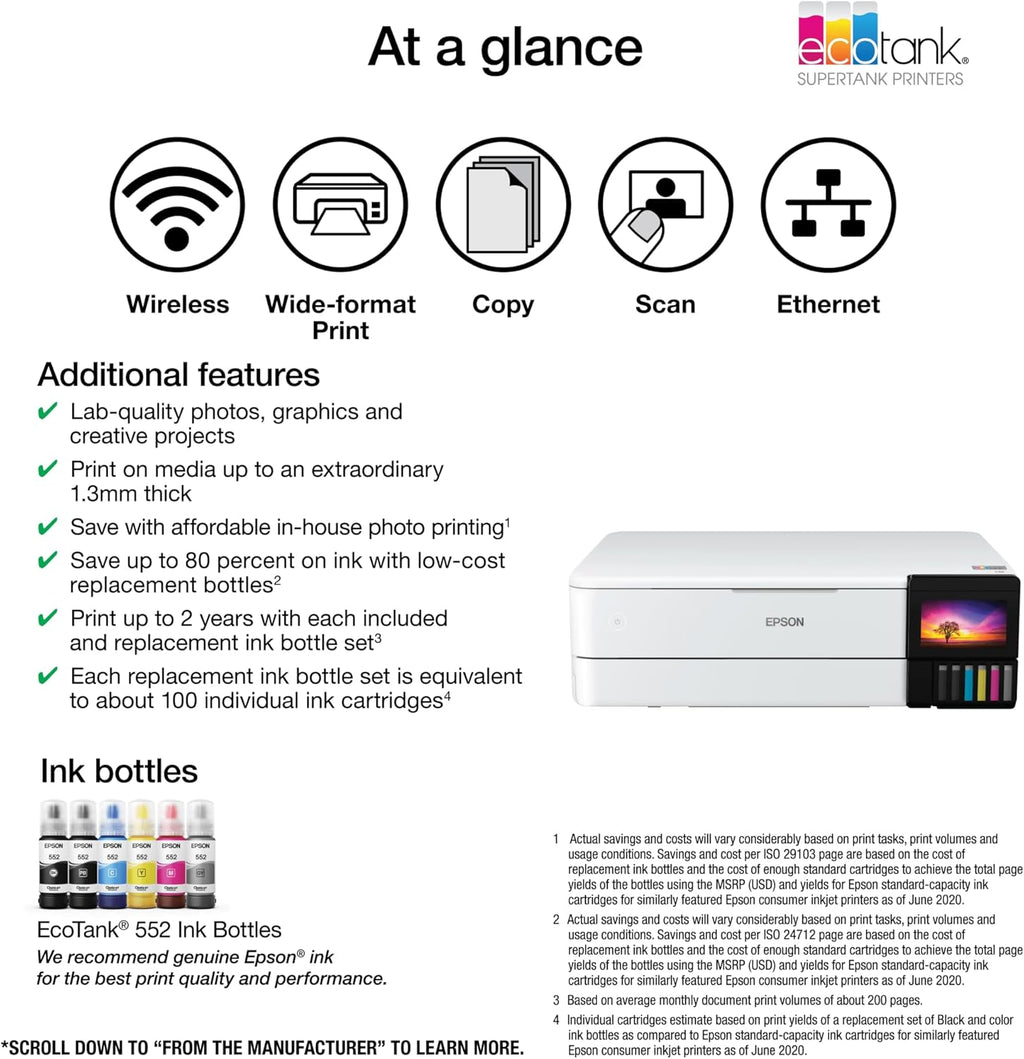 Wireless Wide-Format All-In-One Ink Tank Printer, Color Printer with Scanner & Copier for Home Office