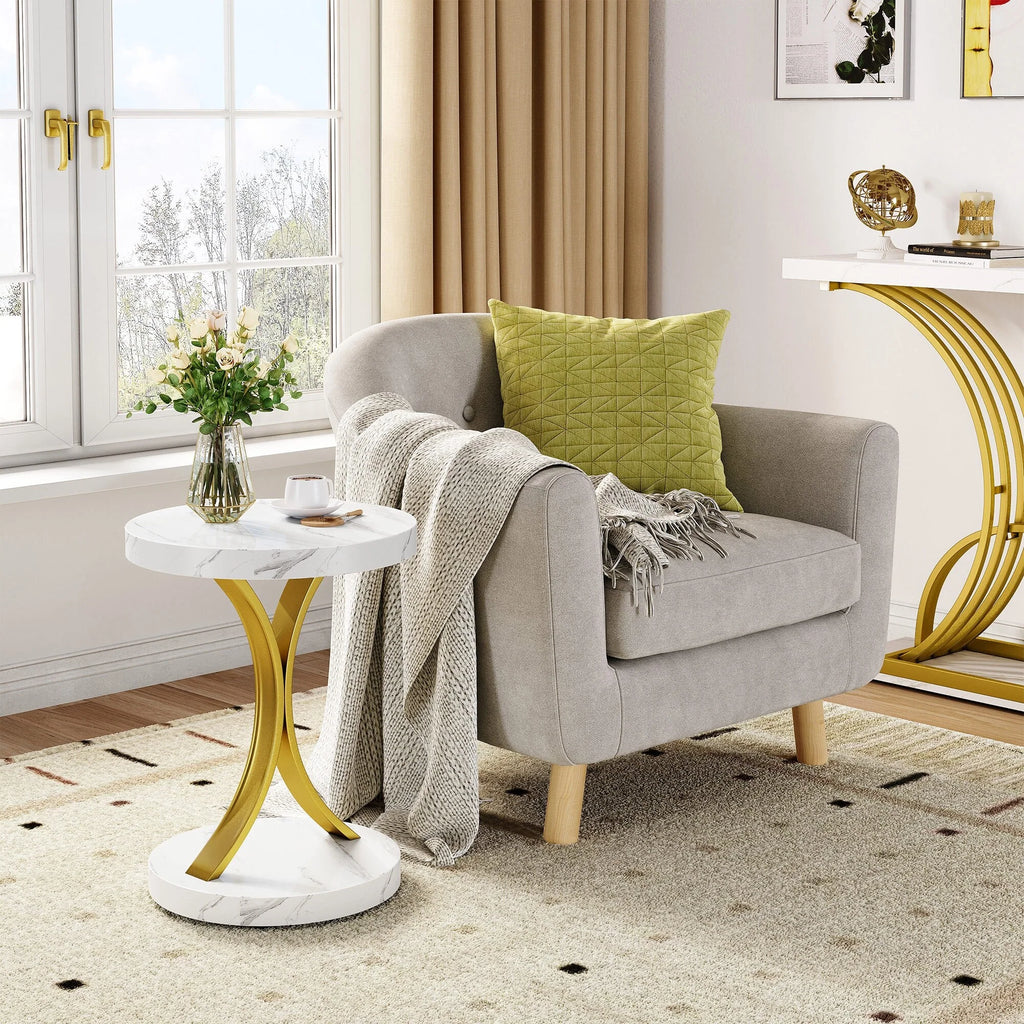 Modern Gold Console Table with Marbled Top, Sofa Table for Entryway and Hallway