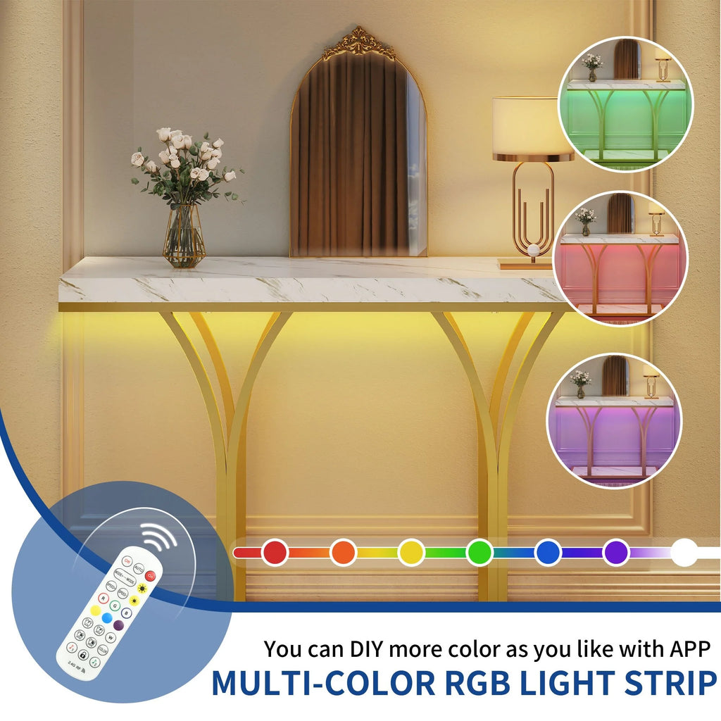 Modern Gold Console Table with Marbled Top, Sofa Table for Entryway and Hallway