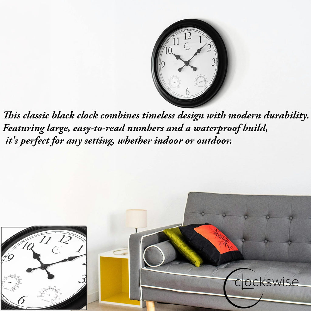 Large Outdoor Wall Clock with Thermometer, Waterproof Silent Garden Weather Station, Black