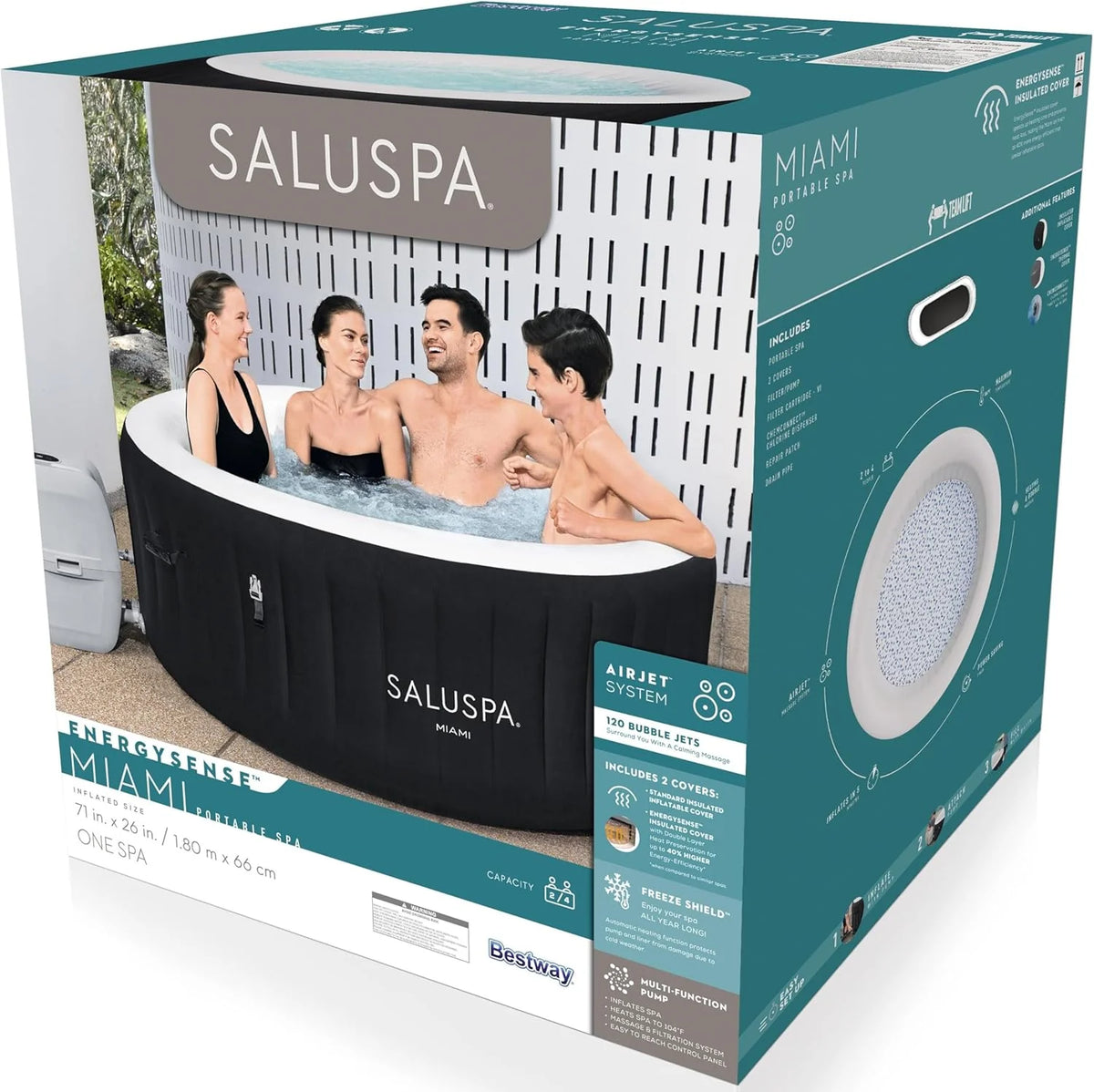 71 x 26-Inch Inflatable Hot Tub Spa for 2-4 Persons, Portable, with 2 Covers, Black