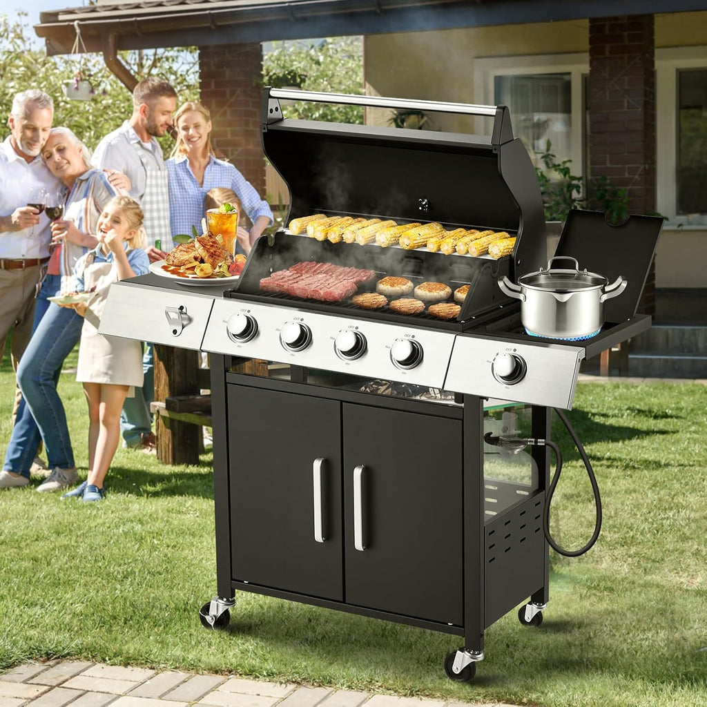 4-Burner Propane Gas Grill with Cast Iron Grates, Side Stove and 44,000 BTU Stainless Steel Burners