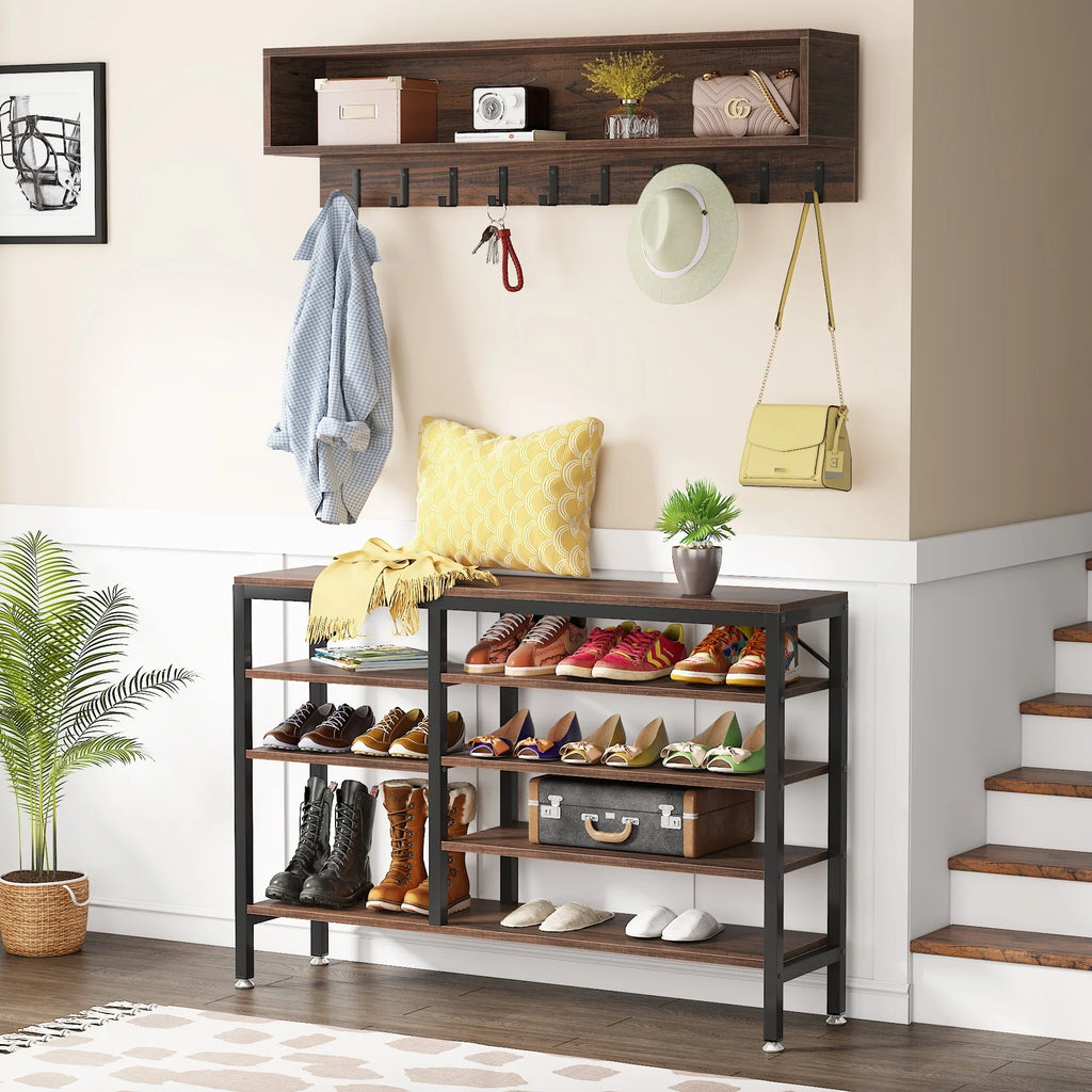Entryway Coat Rack and Shoe Bench Set, Industrial Hall Tree with Coat and Shoe Storage