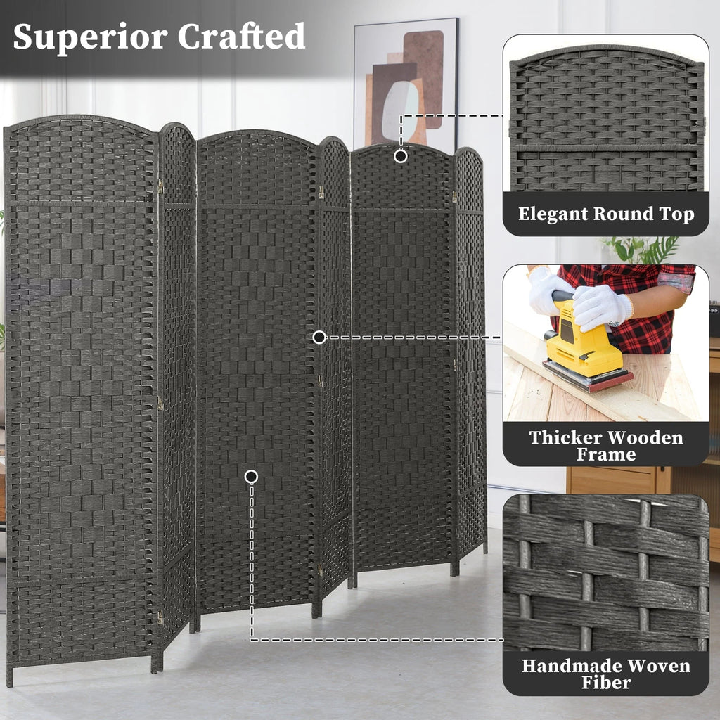 6 FT Tall Woven Fiber Room Divider, Freestanding Folding Privacy Screen