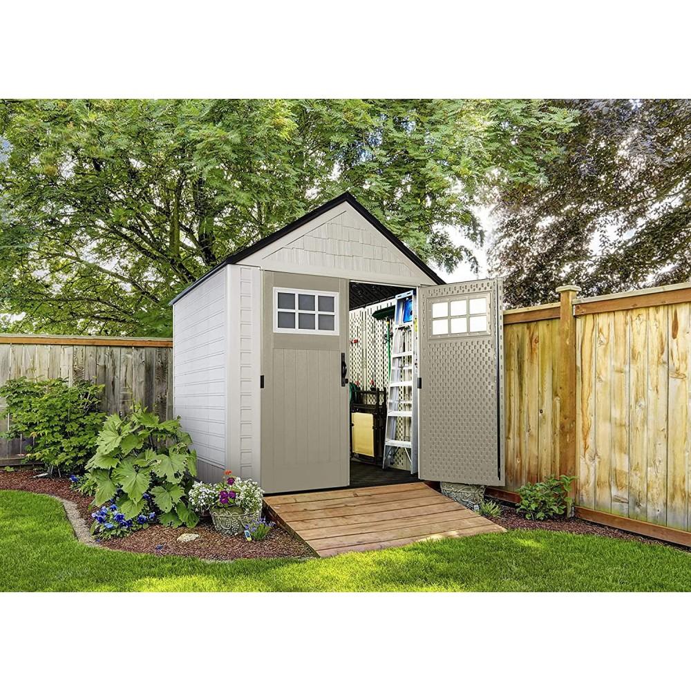 7 x 7-Ft. Resin Outdoor Garden Storage Shed with Windows and Utility Hooks, Sand