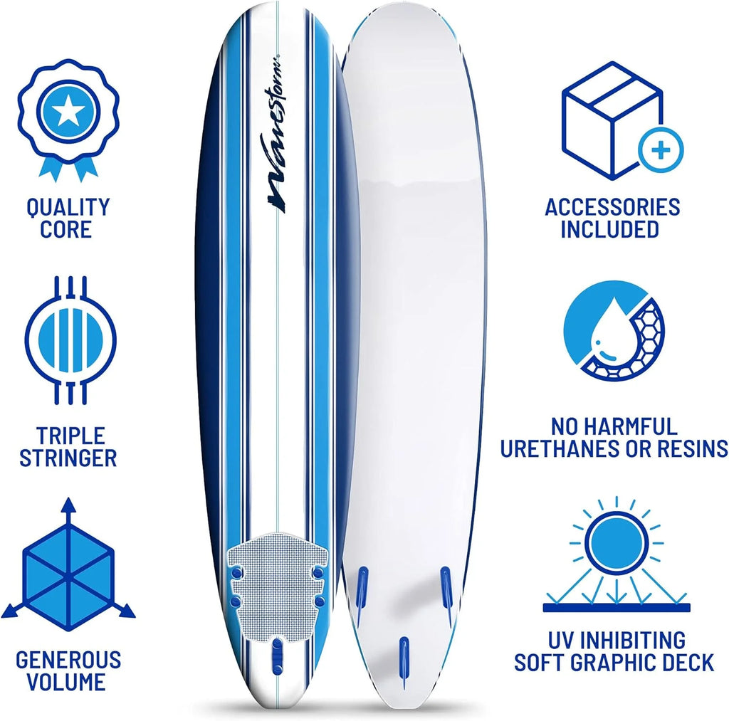 8ft Soft Top Foam Surfboard – EPS Core with 3 Stringers, Wax-Free Longboard, 200lb Capacity