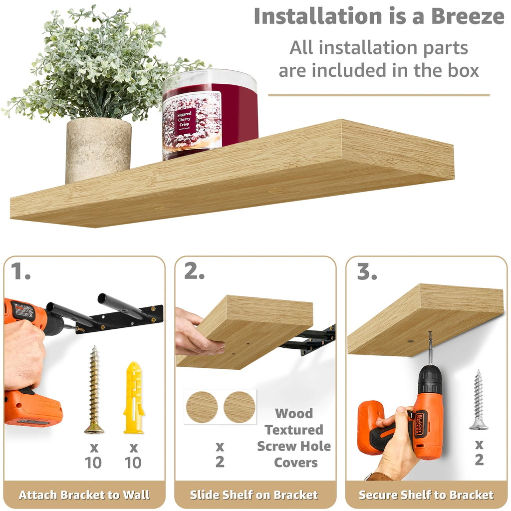 Set of 3 Floating Wood Wall Shelves, Wall Mounted Display and Storage Shelves with Invisible Brackets for Books and Home Decor