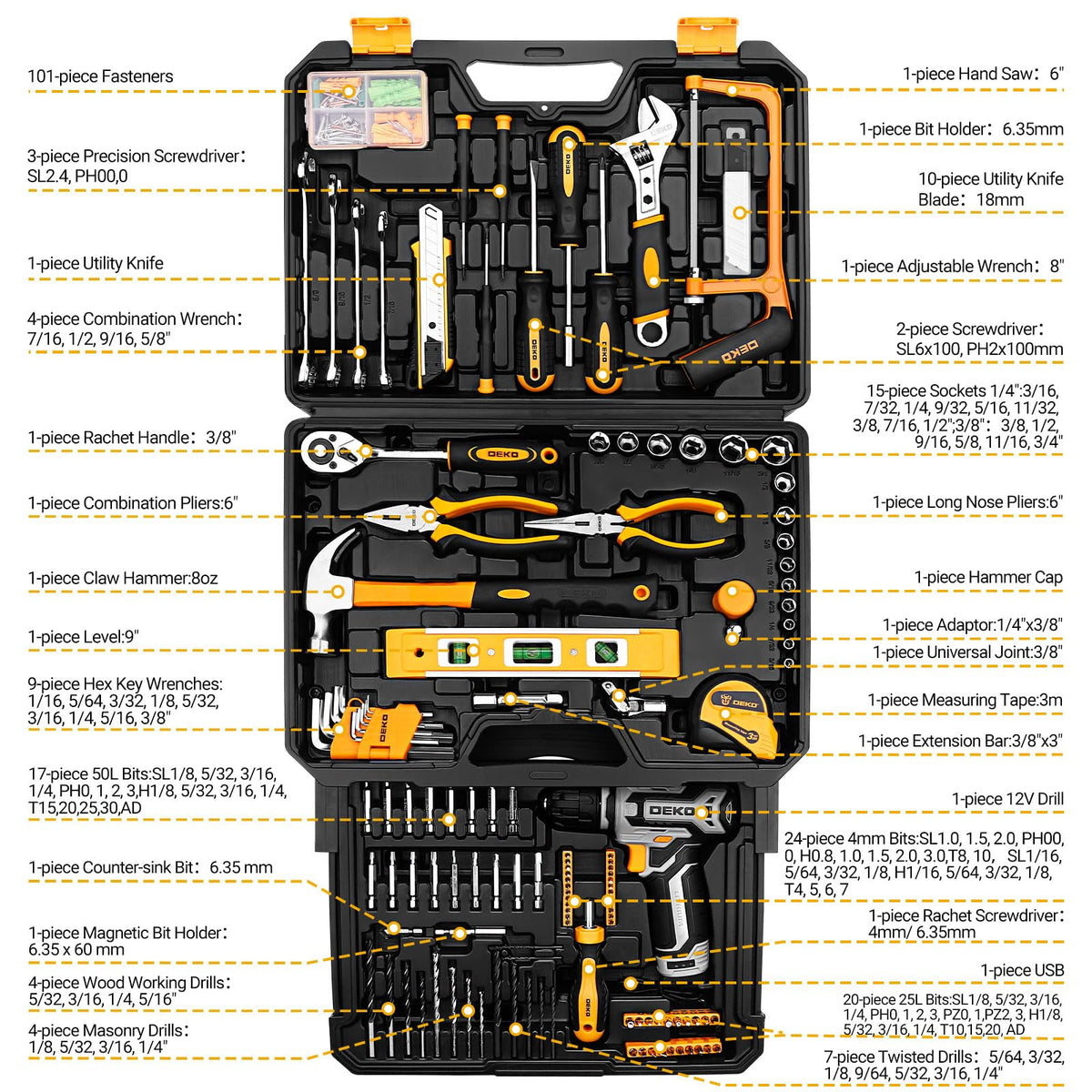 Home Mechanic Tool Kit with Toolbox and 12V Cordless Drill