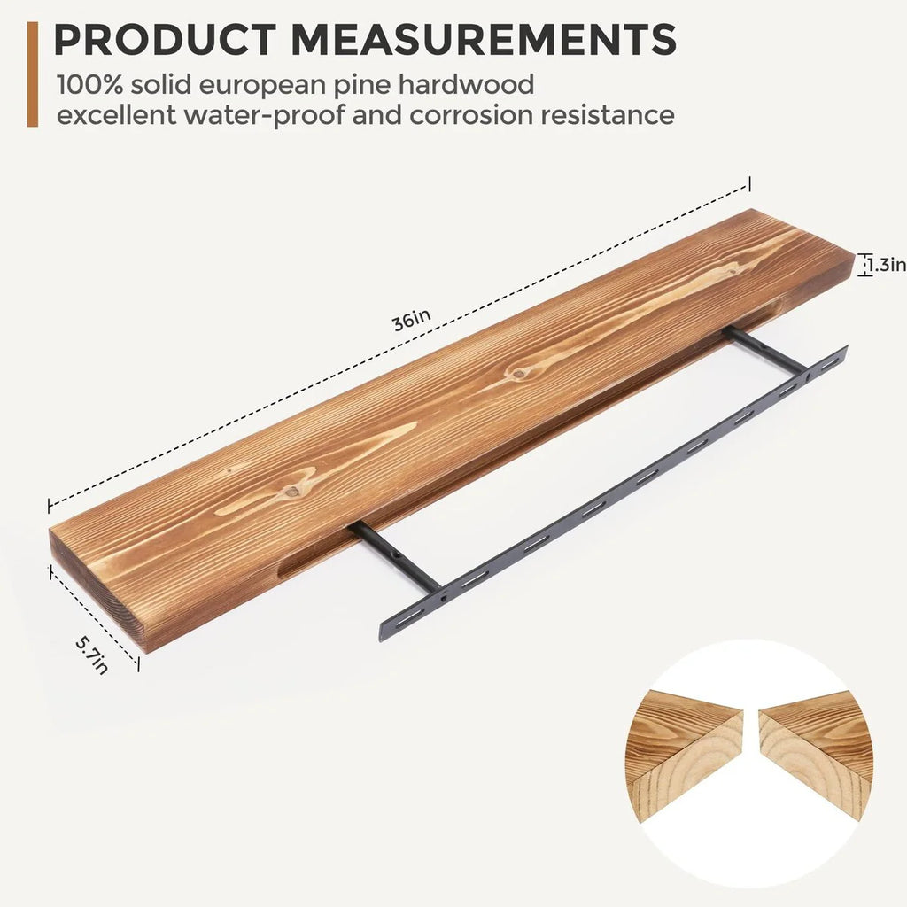 Set of 2 Handcrafted European Pine Floating Wall Shelves, Natural Rustic Wood