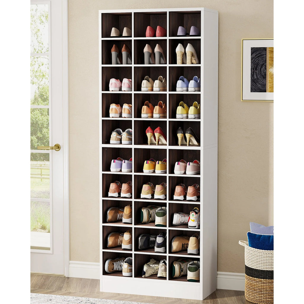 10-Tier Tall Shoe Cabinet, 30-Pair White Wood Shoe Storage Rack for Entryway and Closet