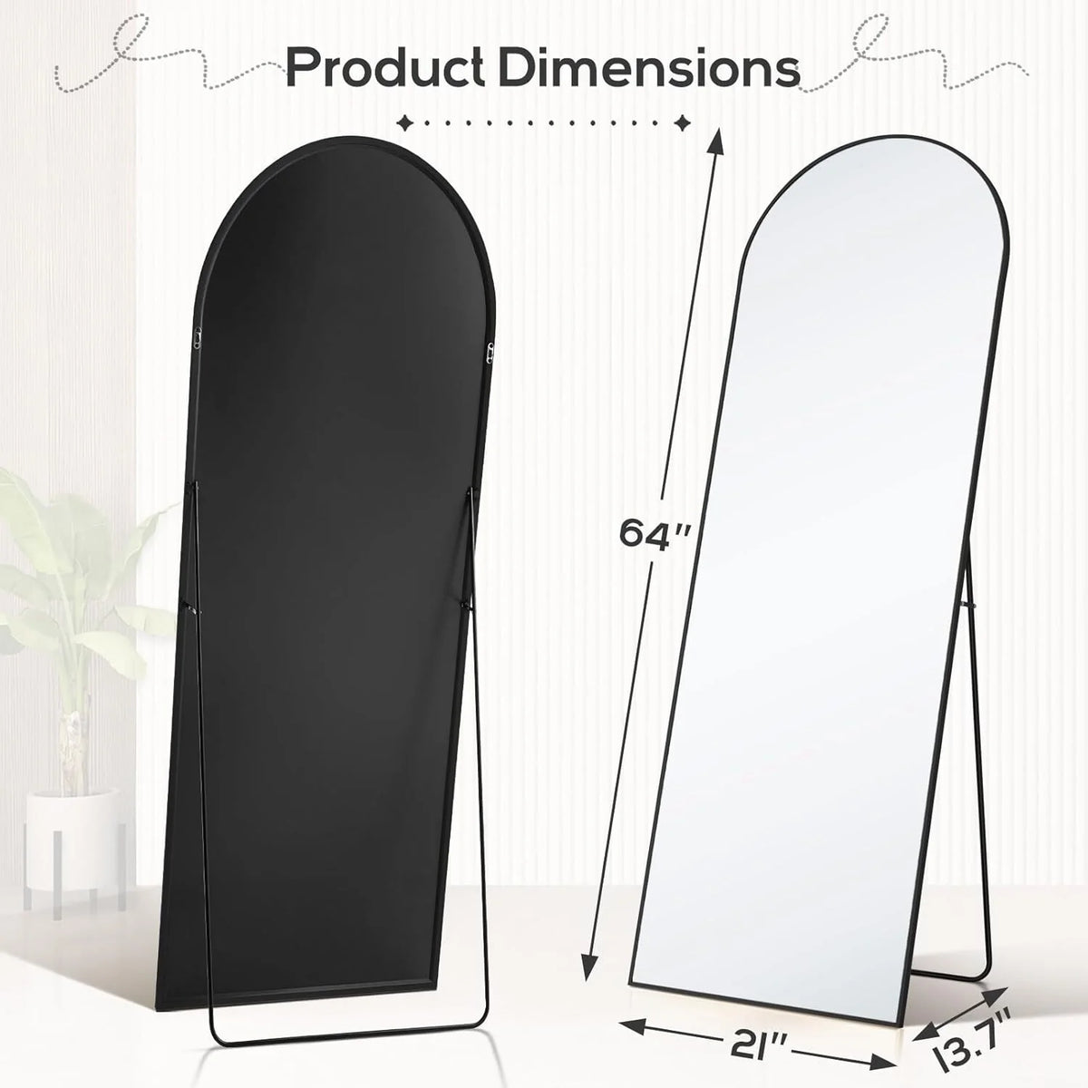 21x64 Full Length Arched Mirror, Large Tall Body Dressing Mirror with Aluminum Alloy Frame, Stand and Wall Mount Option