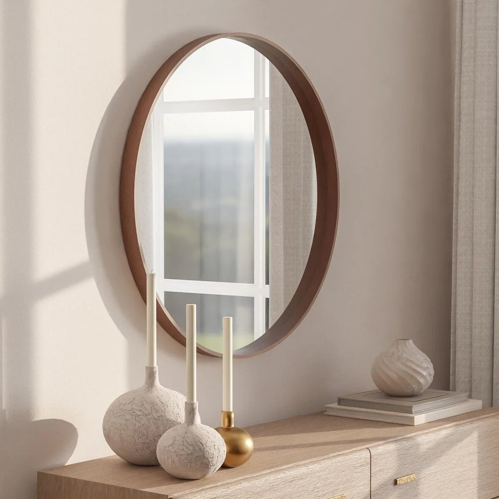 Classic Farmhouse Round Wall Mirror, Wooden Frame Decorative Accent Mirror for Living Room, Bedroom and Entryway