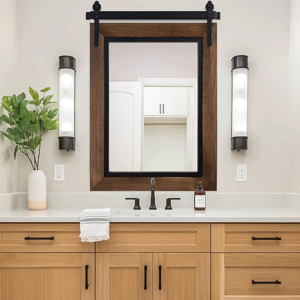 Farmhouse Barn Door Style Bathroom Vanity Mirror, Natural Wood Wall Mirror for Bathroom, Bedroom and Entryway