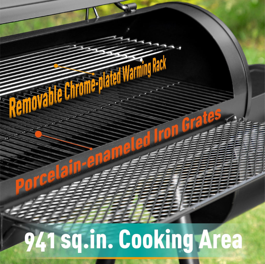 941 Sq.in. Overlarge BBQ Charcoal Grill with Offset Smoker, Black