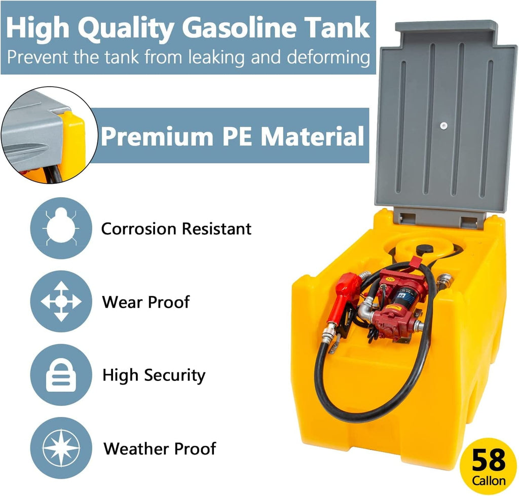 58-Gallon Portable Gasoline Fuel Tank with 12V Electric Transfer Pump, 40 GPM, 4-Meter Hose, Yellow