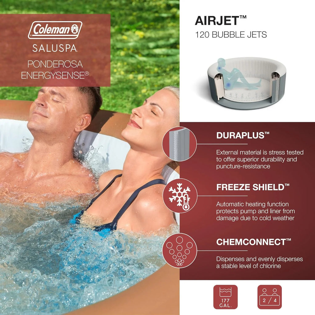 2-4 Person Inflatable Hot Tub, Portable Round Outdoor Spa with 120 Soothing Air Jets and Insulated Cover, Black