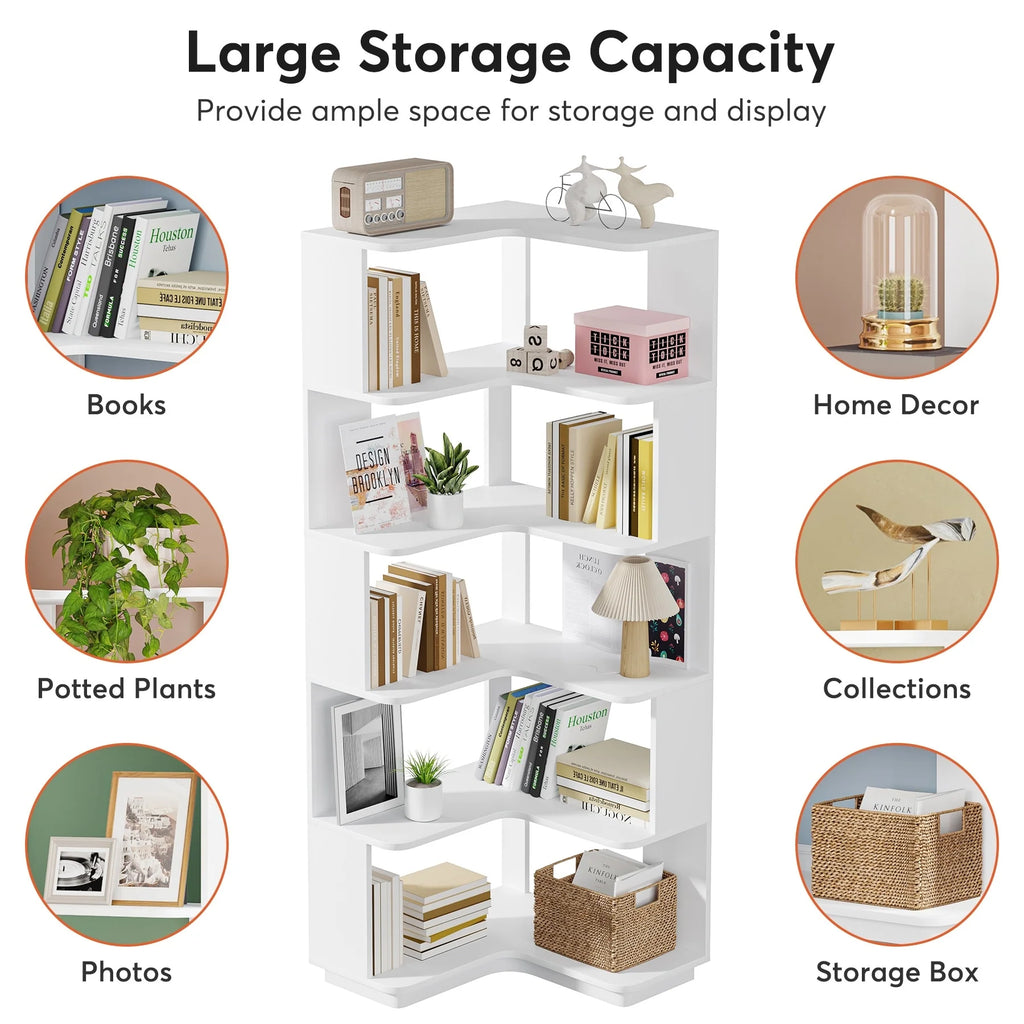 64.9 Inch Tall 6-Tier Corner Bookshelf, Freestanding Wood Industrial Bookcase