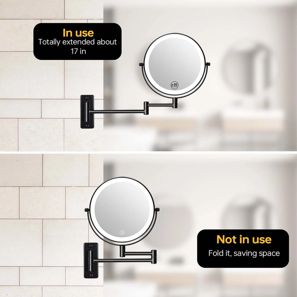 8 Inch Round Wall Mounted Makeup Mirror, Rechargeable, 1X/10X Magnification, 3-Color LED Lights