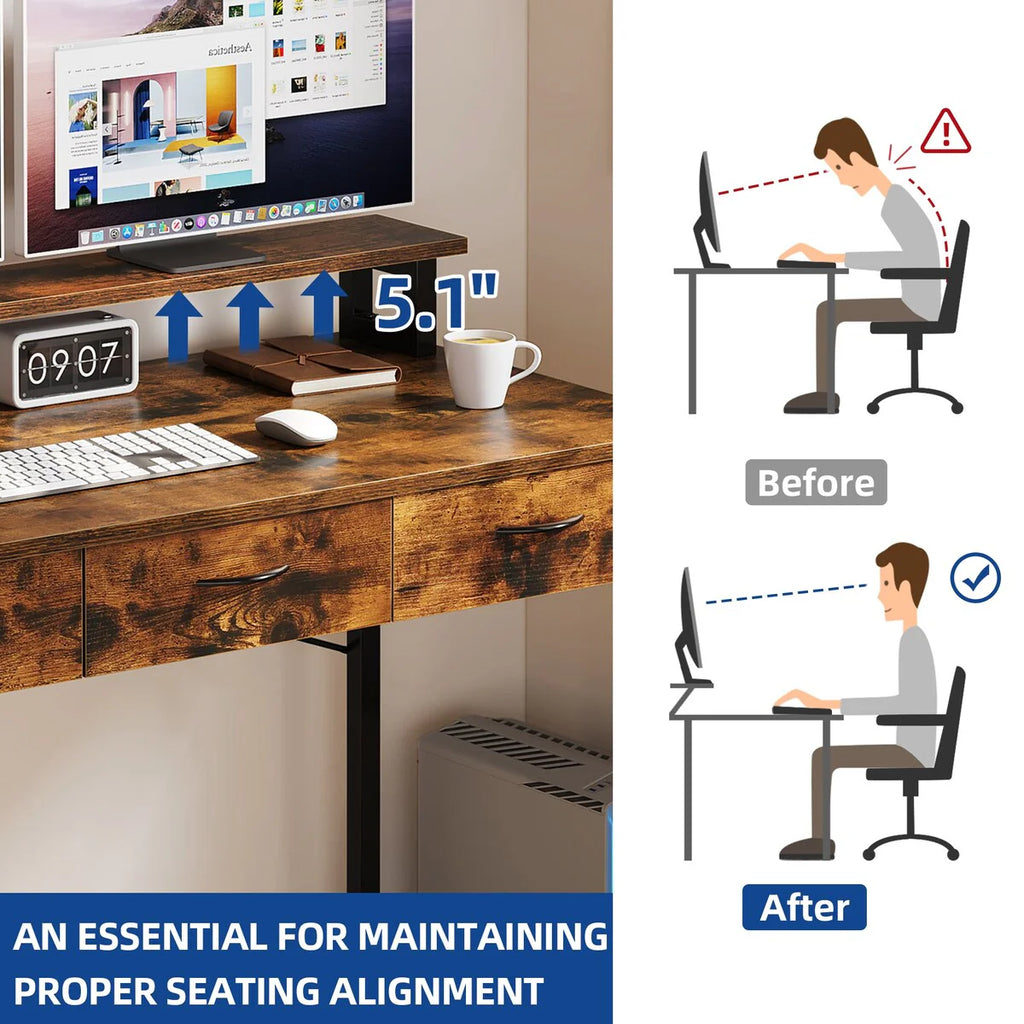 Small Computer Desk with Fabric Drawers and Monitor Stand, Compact Home Office Workstation for Small Spaces