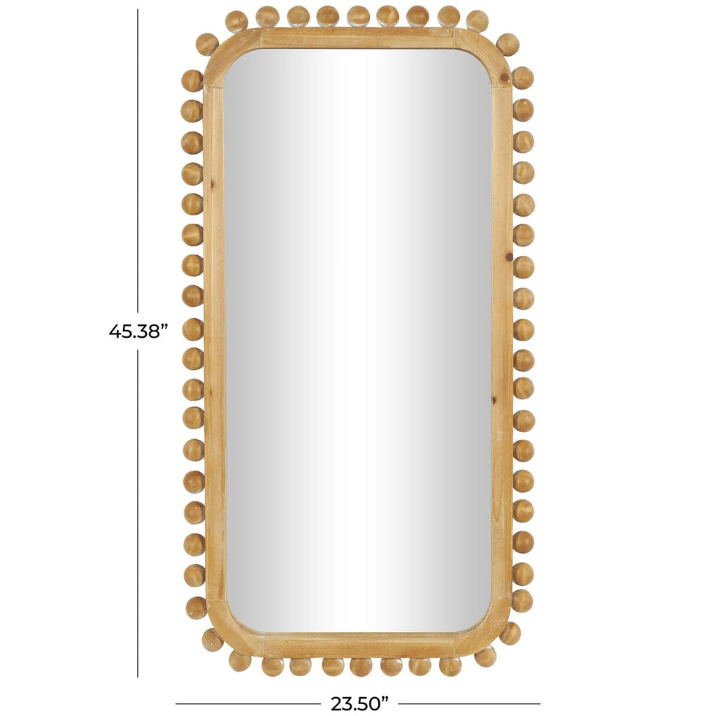 Brown Wood Wall Mirror with Beaded Frame, Rustic Decorative Mirror for Home