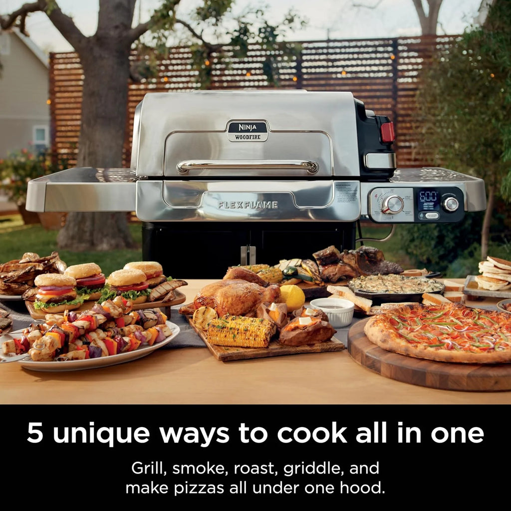 5-in-1 Electric and Propane Grill, 3-Burner Outdoor BBQ Grill and Smoker with Digital Controls, Griddle and Pizza Maker, Stainless Steel