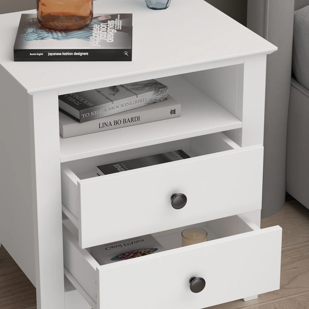21.7 Inch Tall White Nightstand, 2 Drawers and 1 Open Shelf Bedside End Table