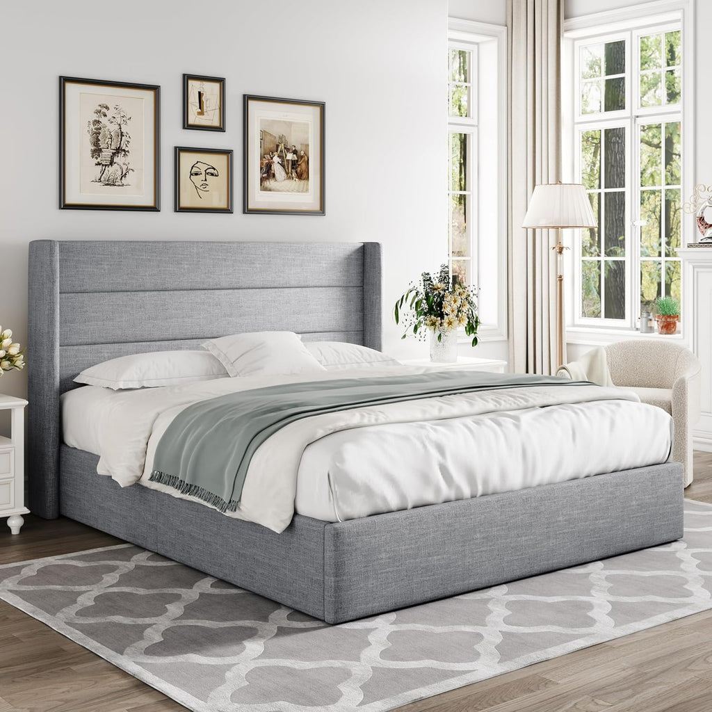 Queen Size Lift Up Storage Bed with Wingback Headboard, Upholstered Platform Bed Frame with Hidden Storage