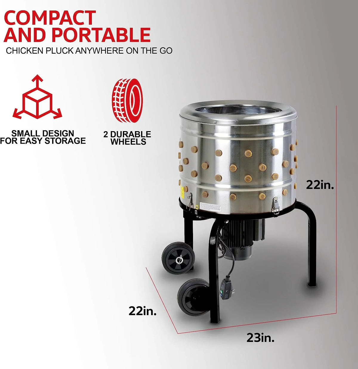1 HP Electric Chicken Plucker, Stainless Steel, 120VAC, 280 RPM, 20-Inch Drum, 92 Soft Fingers