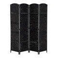 6 Ft Tall Four-Panel Wicker Weave Room Divider, Black Wood Privacy Screen