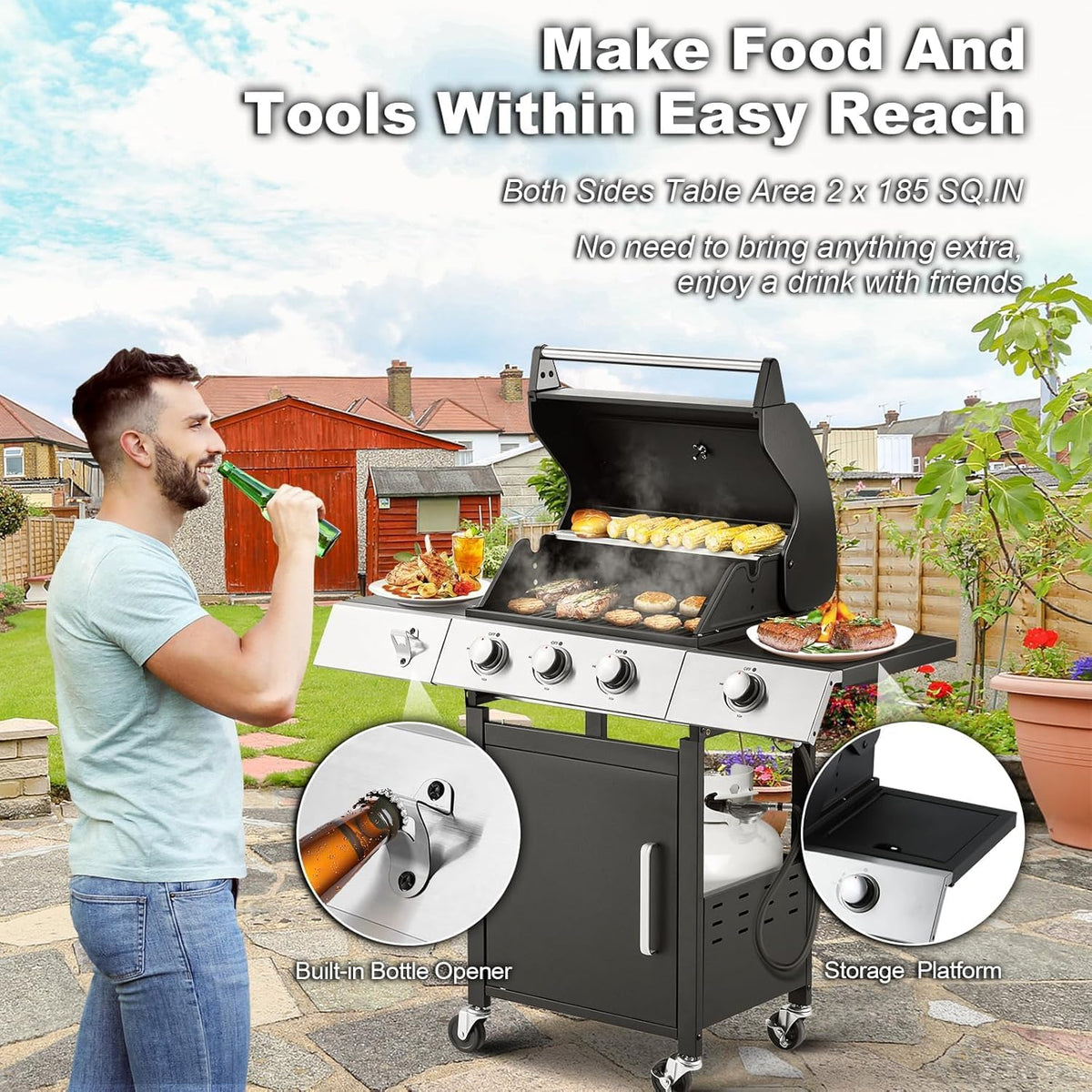 4-Burner Propane Gas Grill with Cast Iron Grates, Side Stove and 44,000 BTU Stainless Steel Burners