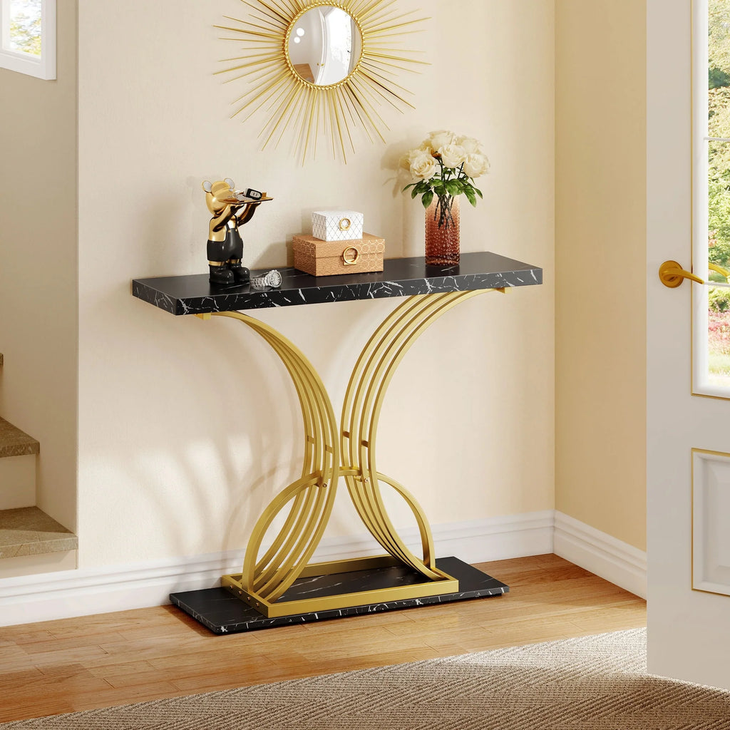 Modern Gold Console Table with Marbled Top, Sofa Table for Entryway and Hallway